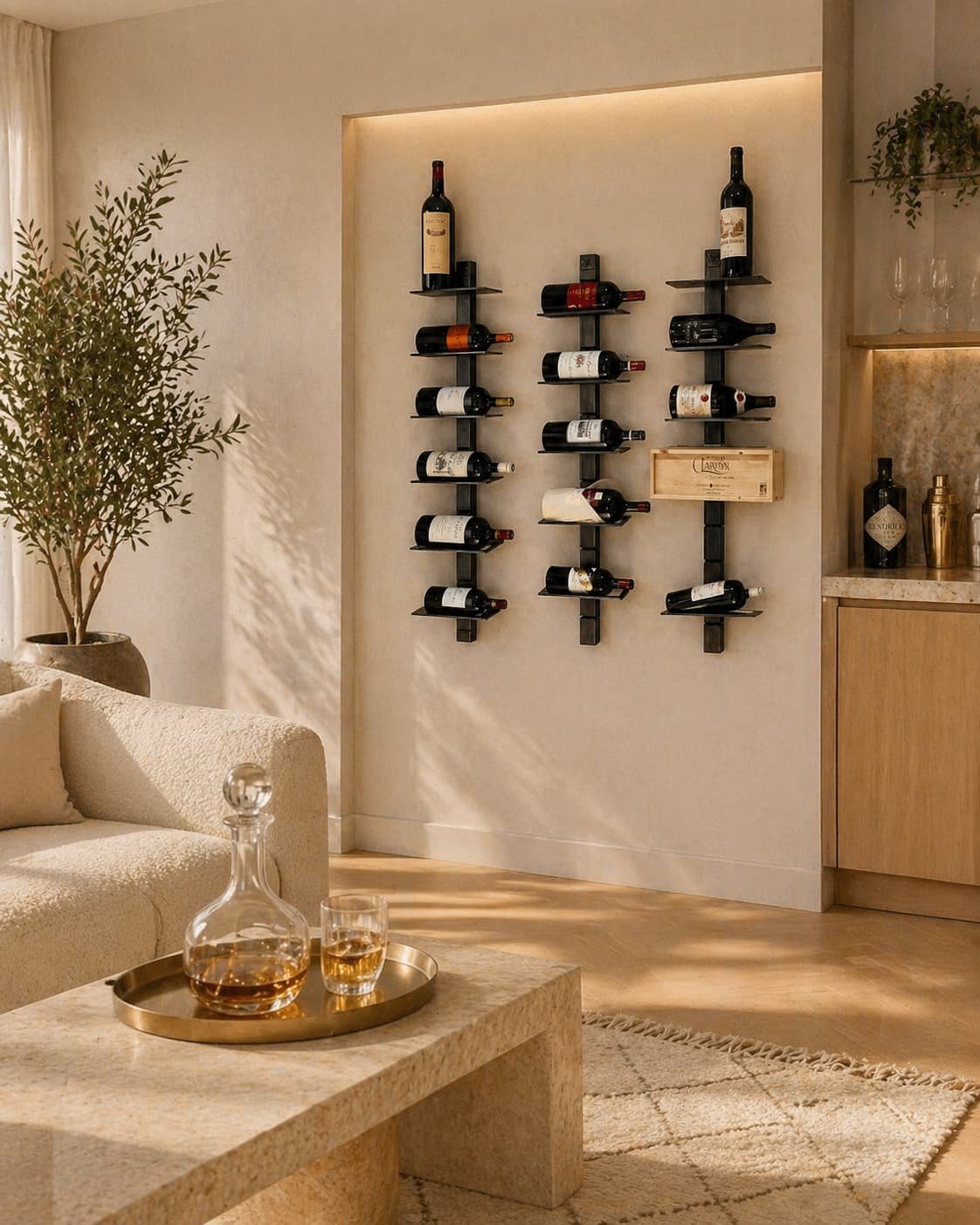 Étagère à vin murale dans un salon cosy