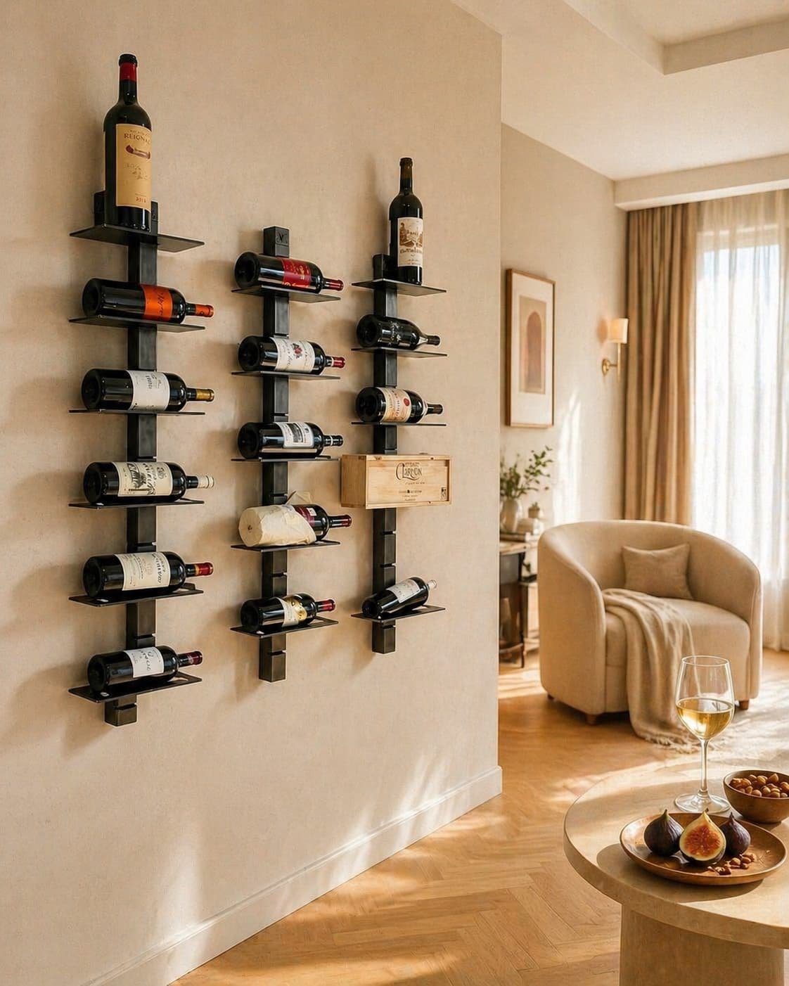 Étagère à vin murale en acier laqué dans un salon design contemporain