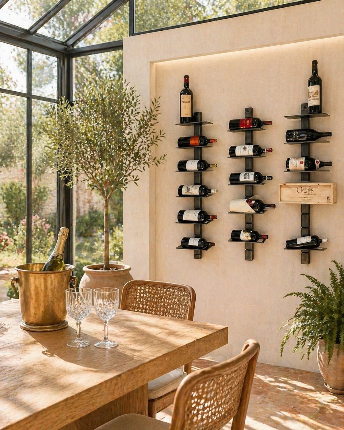 Étagère à vin murale dans une véranda donnant sur jardin