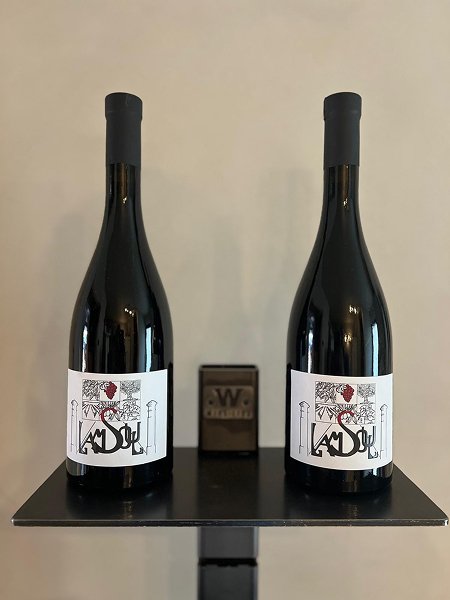 Deux bouteilles de vin rouge posées sur une tablette en métal noir du système Wine Line