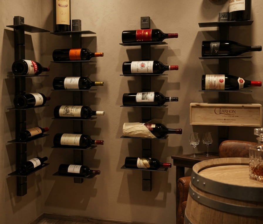 Étagère à vin murale modulable Wine Line en acier, bouteilles présentées étiquette face visible