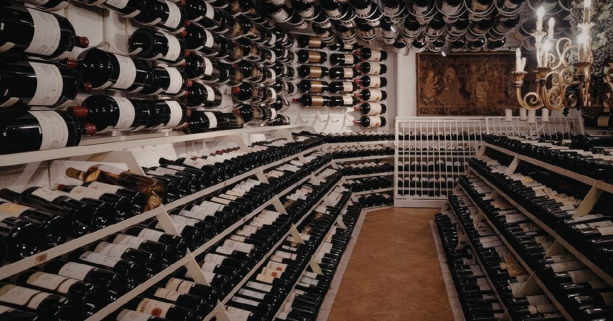Cave à vin de présentation avec rangement mural et casiers au sol pour des centaines de bouteilles