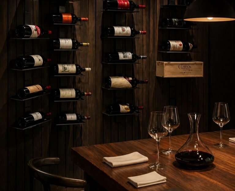 Cave a vin rangée dans une ambiance chaleureuse et tamisée avec des verres