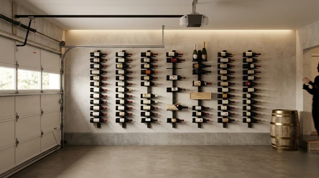garage amenagé en cave a vin avec des etageres murales