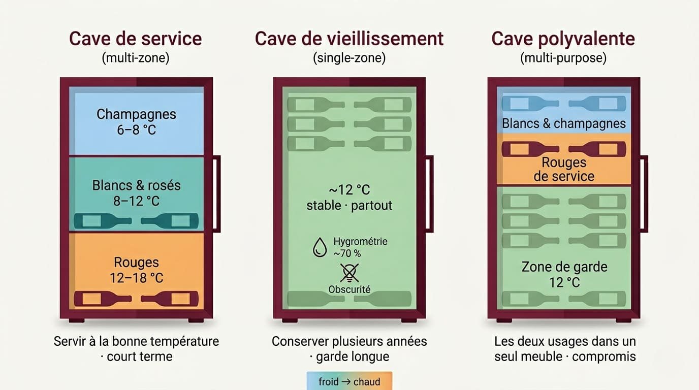 Comparison chart of the three types of wine coolers: serving, aging, and all-purpose, and their temperature zones