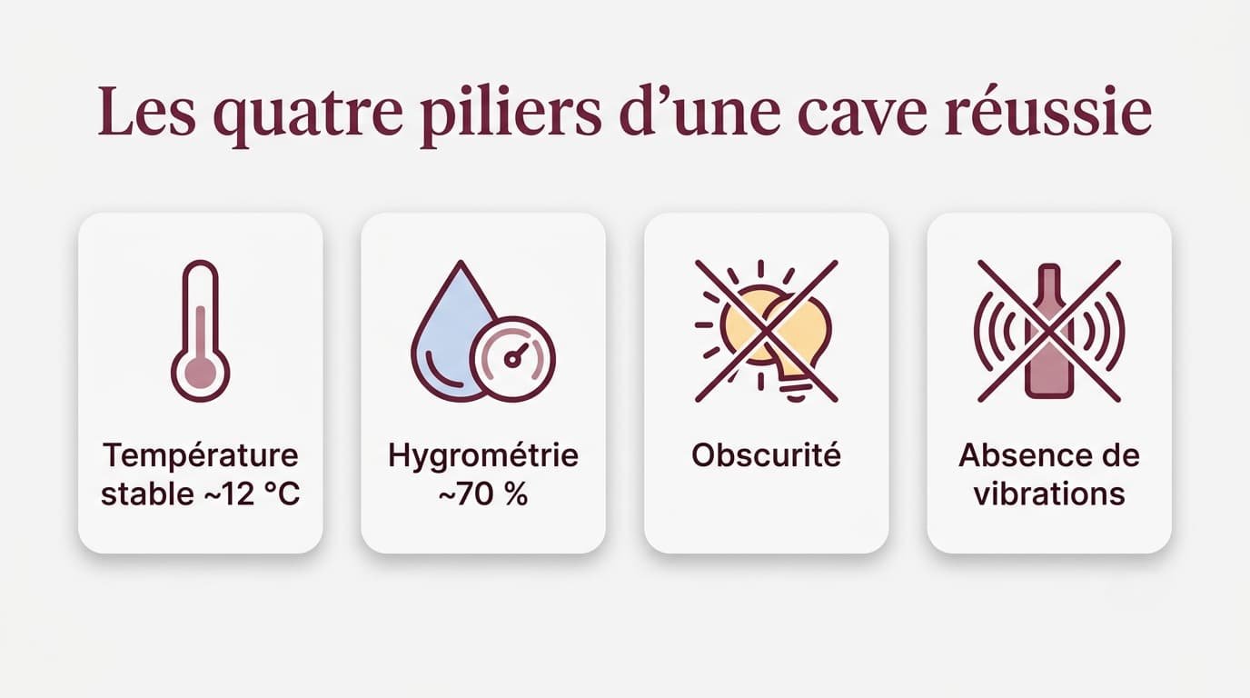 Schéma des quatre conditions d'une bonne cave à vin — température, hygrométrie, obscurité et calme — illustrées par des pictogrammes