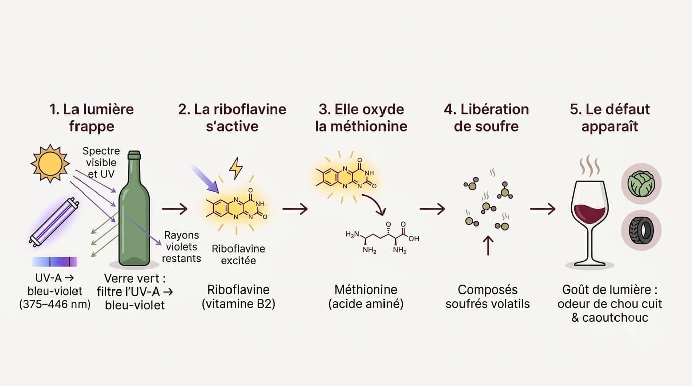 Schéma en 5 étapes du goût de lumière : la lumière active la riboflavine du vin, qui oxyde la méthionine et libère des composés soufrés à l'odeur de chou et de caoutchouc