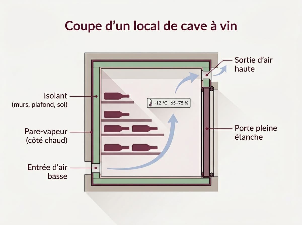 Coupe schématique d'un local de cave à vin : couches d'isolation murale, pare-vapeur, porte étanche, entrée d'air basse et sortie d'air haute
