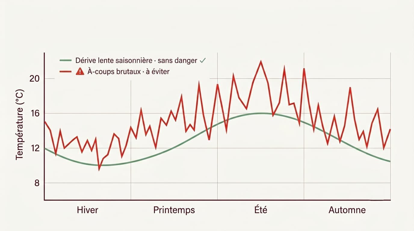 Courbe comparant la dérive lente saisonnière de la température, sans danger pour le vin, aux à-coups brutaux à éviter au fil des saisons