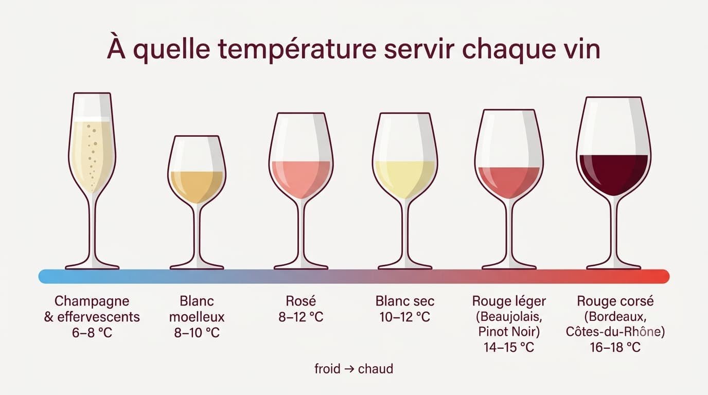 Dégradé de températures de service par type de vin, du champagne frais aux rouges tempérés, illustré par une série de verres
