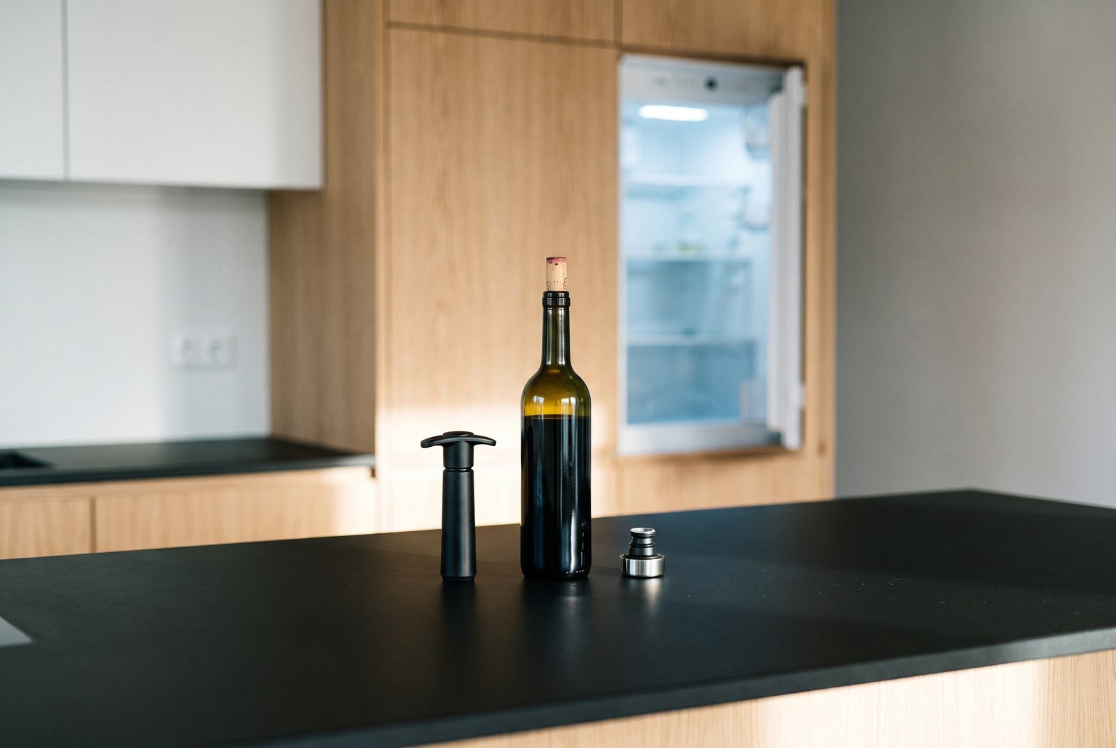 Bouteille de vin entamée rebouchée avec son bouchon de liège, pompe à vide et bouchon hermétique