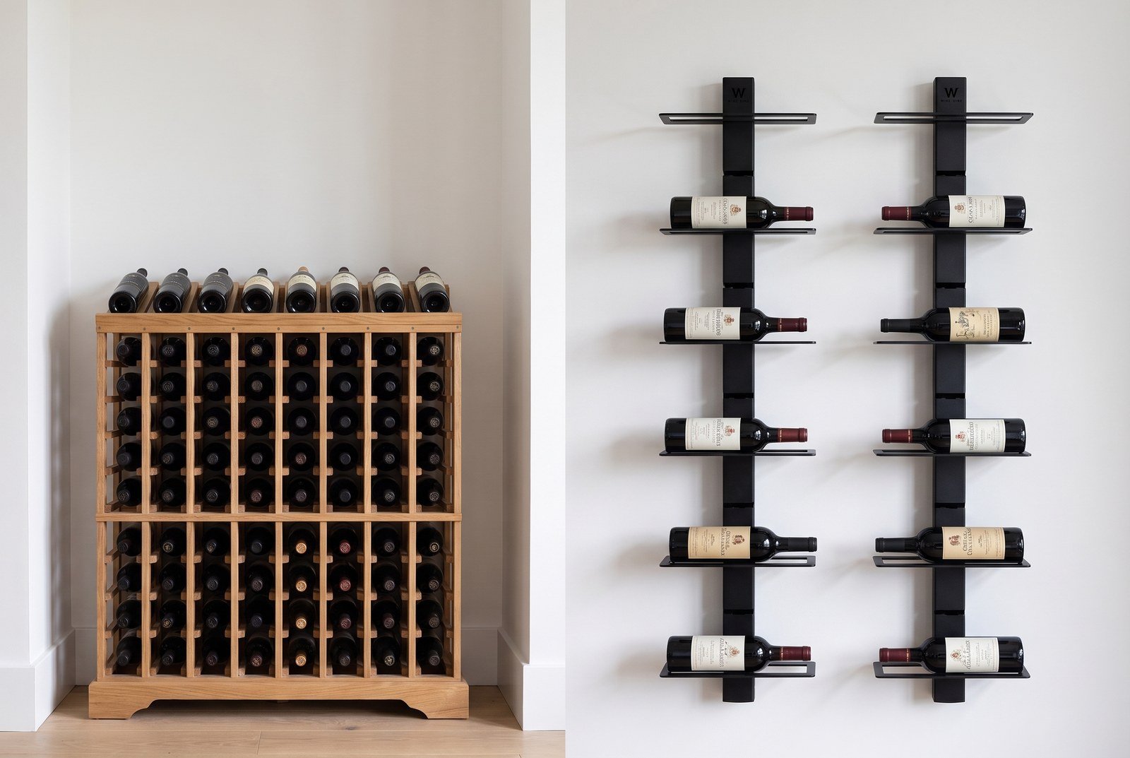 Casier traditionnel montrant les culots des bouteilles face à un mur affichant les étiquettes