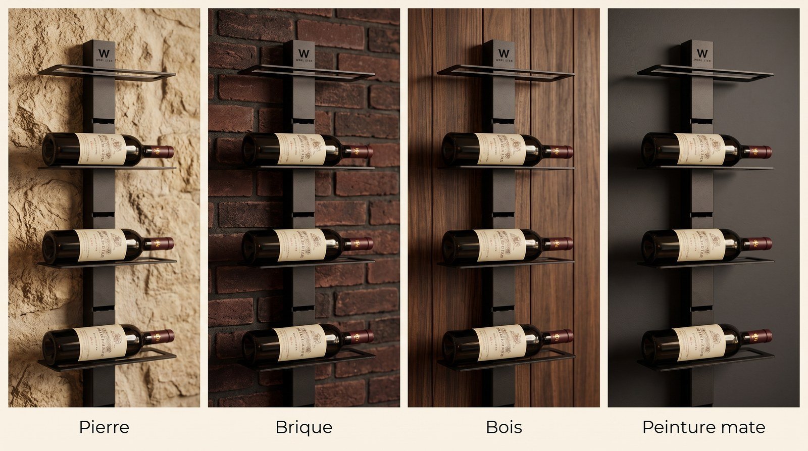 Comparatif de quatre habillages de mur à vin : pierre, brique, bois et peinture mate sombre