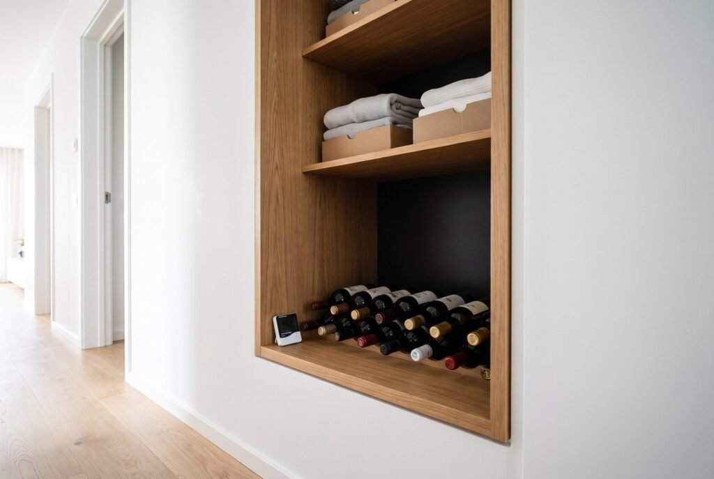 Bouteilles de vin couchées dans un placard de couloir avec un thermomètre-hygromètre au niveau des bouteilles