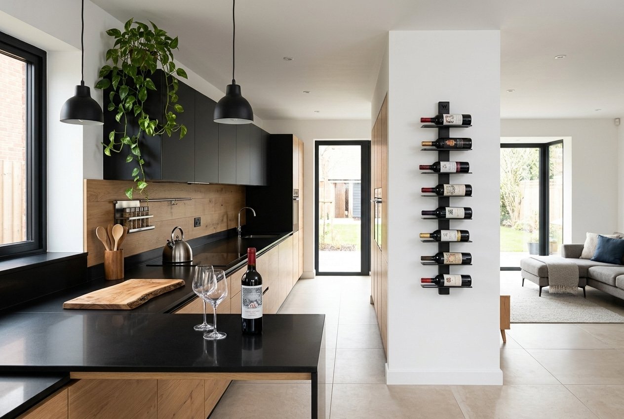 Etagère a vin murale modulable wine line dans une cuisine contemporaine