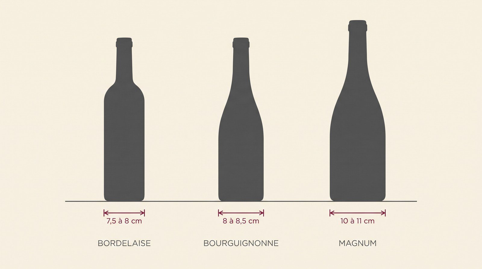 Silhouettes cotées d'une bordelaise, d'une bourguignonne et d'un magnum avec leurs diamètres