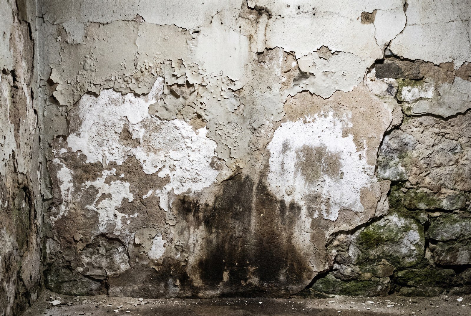 Mur de cave présentant du salpêtre, des efflorescences et une peinture cloquée par l'humidité