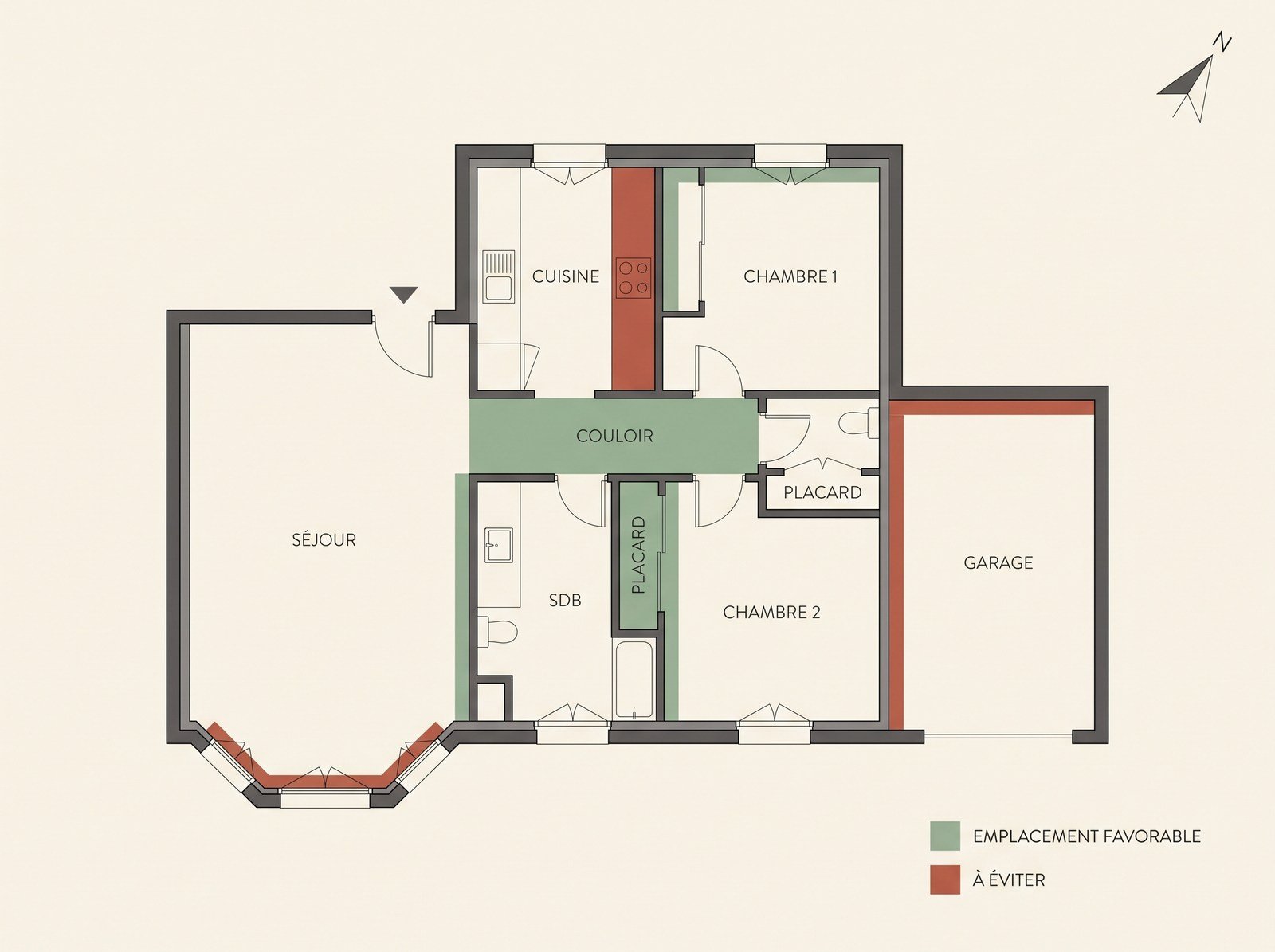 Plan d'appartement signalant en vert les emplacements favorables au vin et en rouge les zones à éviter