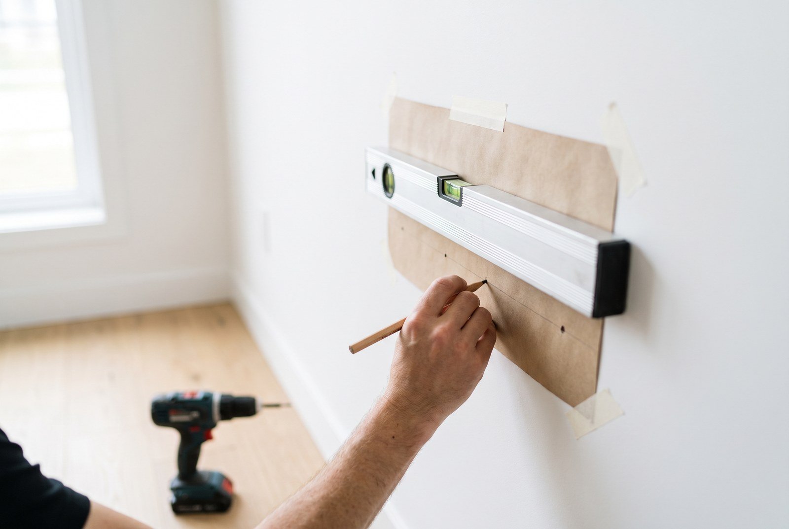 Gabarit de perçage et niveau à bulle appliqués au mur, marquage au crayon avant fixation