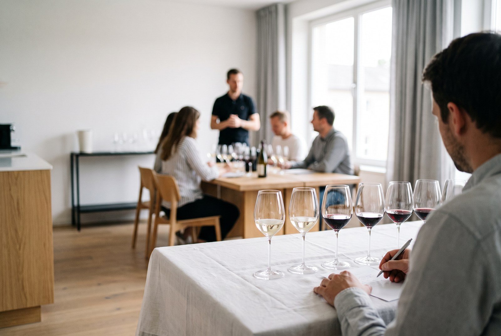 Six verres alignés devant un participant qui prend des notes lors d'un atelier de dégustation