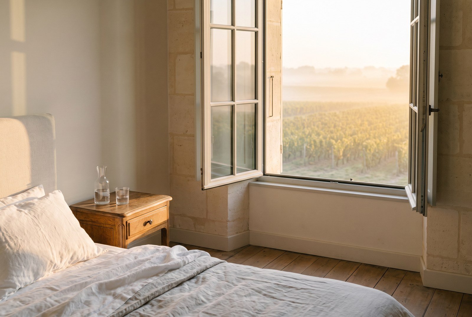 Chambre d'hôtes d'un domaine viticole au petit matin, fenêtre ouverte sur les rangs de vigne