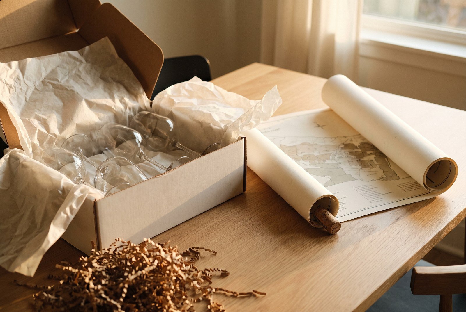 Carton ouvert de verres à pied et carte des vignobles déroulée sur une table de cuisine