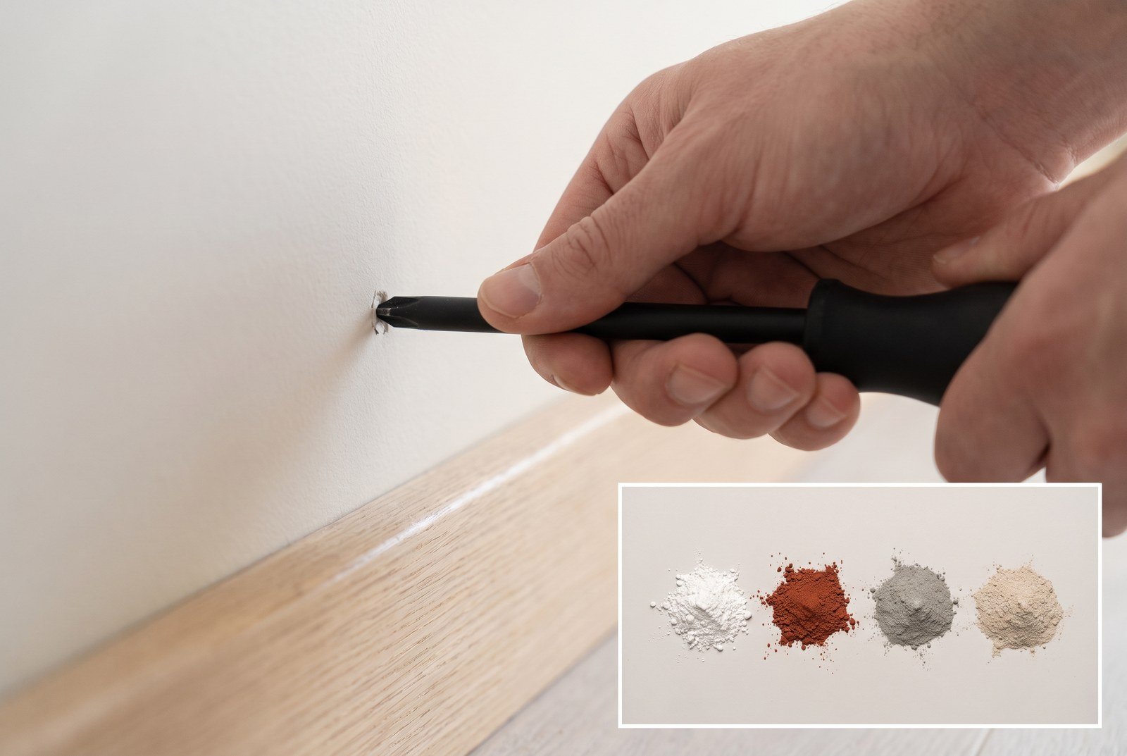 Testing the screwdriver on a wall, with an inset showing four drill dust particles of different colors