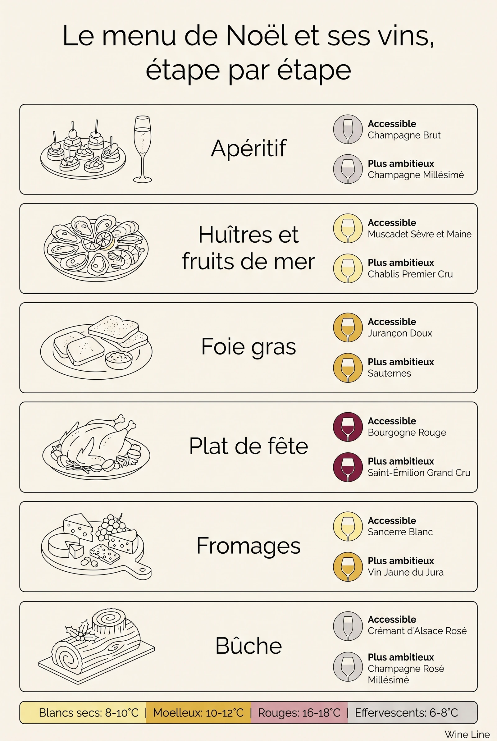 Menu de Noël vertical associant à chaque étape du repas deux propositions de vin