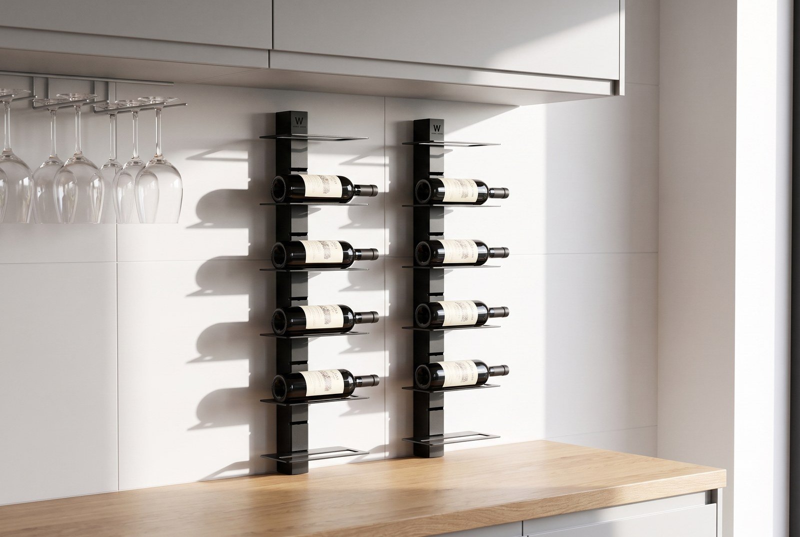 Deux modules de rangement à vin fixés en bout de plan de travail dans une cuisine étroite